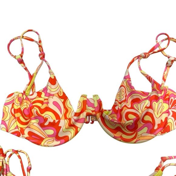 NWOT OneOne Swimwear Floral Tie Side Two Piece Bikini Set Multicolor Large - Picture 3 of 4